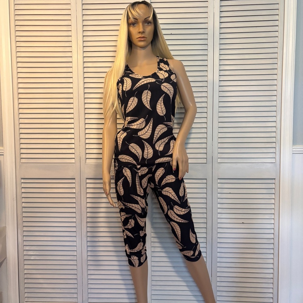 Navy Blue and Cream Patterned Leaves | 2 Piece set